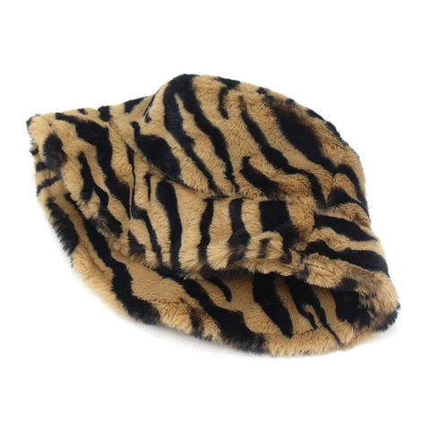 Cappello a Secchiello in Pelliccia Sintetica con Stampa Tigre Donna Invernale Caldo Cappello da Pescatore in Peluche Moda Zebra