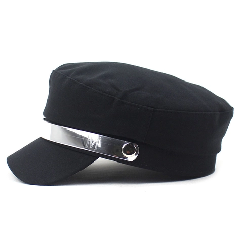 Women Fashion Newsboy Cap Cotton Blend Flat Top Navy Hat With Metal Decorative Band M Letter Retro Style Beret Accessories
