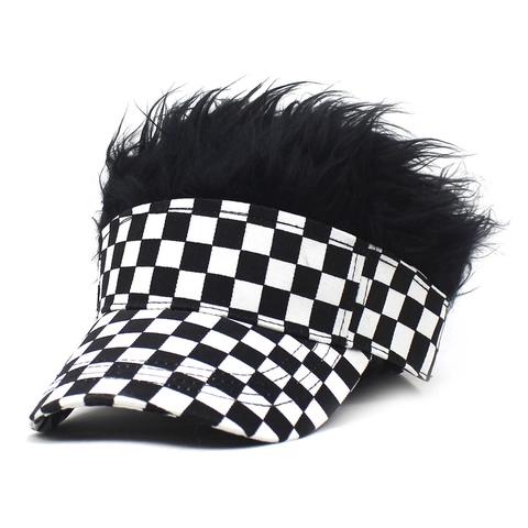 Novelty Wig Baseball Cap Checkerboard Pattern Funny Visor Hat With Spiky Synthetic Hair For Men Women Party Hip Hop Headwear