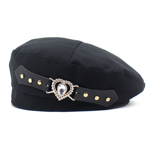 Vintage Britischer Stil Schlägermütze Für Damen Baumwollmischung Baskenmütze Mit Strass Herzschnalle Und Metallkette Malermütze