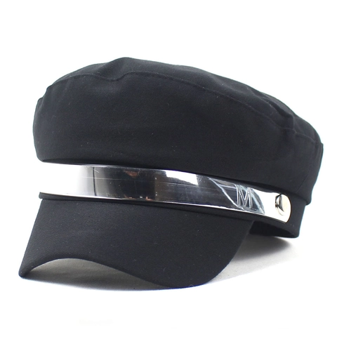 Women Fashion Newsboy Cap Cotton Blend Flat Top Navy Hat With Metal Decorative Band M Letter Retro Style Beret Accessories