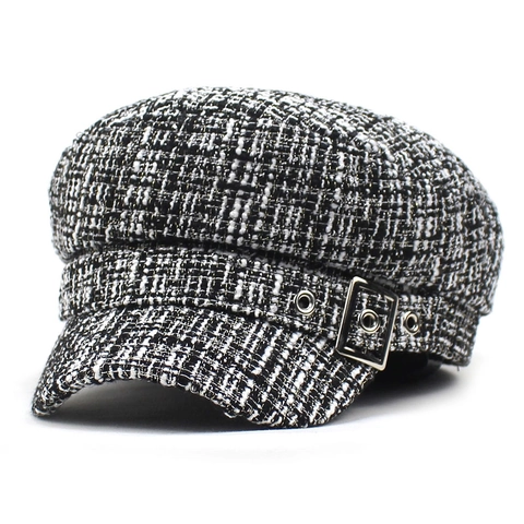 Women Retro Tweed Plaid Newsboy Cap Flat Top Navy Beret Hat With Metal Buckle For Autumn Winter Casual Fashion Accessory