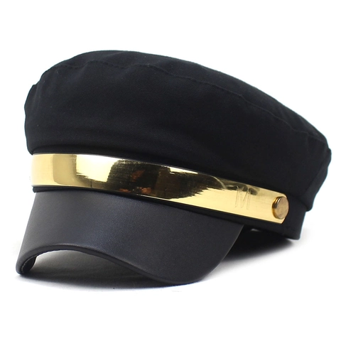 Damen Mode Marine Mütze Vintage Flache Oberseite Militär Hut Mit Metall Buchstabe M Dekoration PU Leder Krempe Newsboy Hut