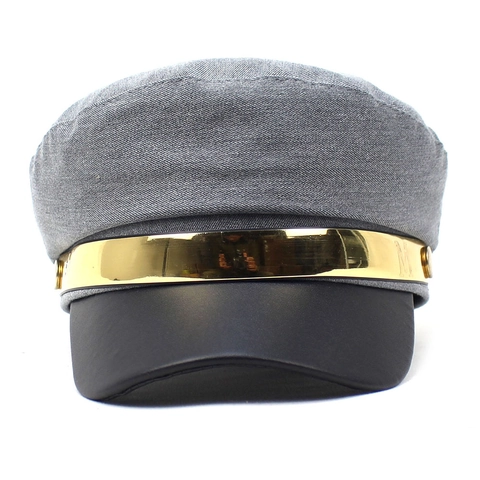 Damen Mode Marine Mütze Vintage Flache Oberseite Militär Hut Mit Metall Buchstabe M Dekoration PU Leder Krempe Newsboy Hut