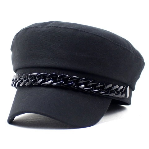 Casquette Gavroche Vintage pour Femmes en Coton Toit Plat Casquette de Marin Avec Décoration de Chaîne Accessoires de Mode Hiver