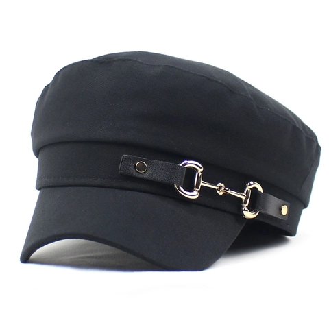 Vintage Cotton Blend Baker Boy Hat For Women Solid Color Navy Hat With Gold Horsebit Decoration Flat Top Short Brim Newsboy Cap Fashion Accessories