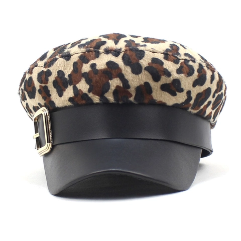 Damen Schirmmütze Mit Leopardenmuster PU Leder Patchwork Navy Hut Mode Retro Flache Oberseite Baker Boy Mütze