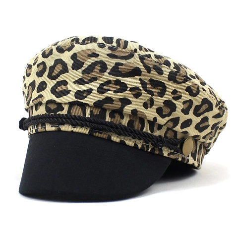 Berretto da Strillone con Stampa Leopardata Donna Vintage Autunno Inverno Cappello Marinaio Cordino Bottone Metallo Moda Militare