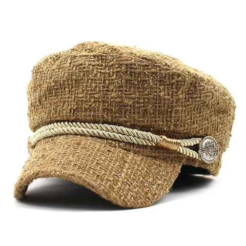 Vintage Damen Tweed Schiebermütze Winter Warm Baker Boy Hut Mit Glänzendem Metallfaden Und Metallknopf Mode Marinemütze