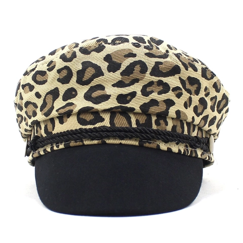 Berretto da Strillone con Stampa Leopardata Donna Vintage Autunno Inverno Cappello Marinaio Cordino Bottone Metallo Moda Militare