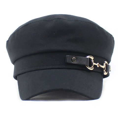 Vintage Cotton Blend Baker Boy Hat For Women Solid Color Navy Hat With Gold Horsebit Decoration Flat Top Short Brim Newsboy Cap Fashion Accessories
