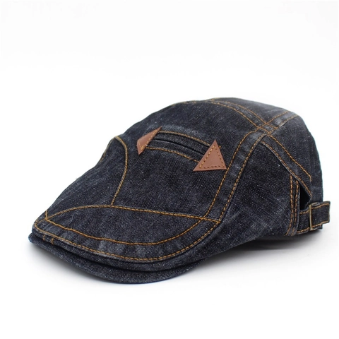 Cappello Ivy in Denim Lavato Vintage Uomo Donna Regolabile Coppola Moda Cappello Newsboy Con Patch in Pelle Cuciture a Contrasto Estivo