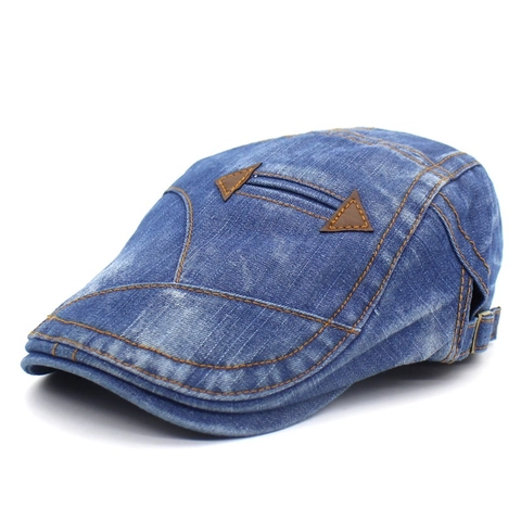 Cappello Ivy in Denim Lavato Vintage Uomo Donna Regolabile Coppola Moda Cappello Newsboy Con Patch in Pelle Cuciture a Contrasto Estivo