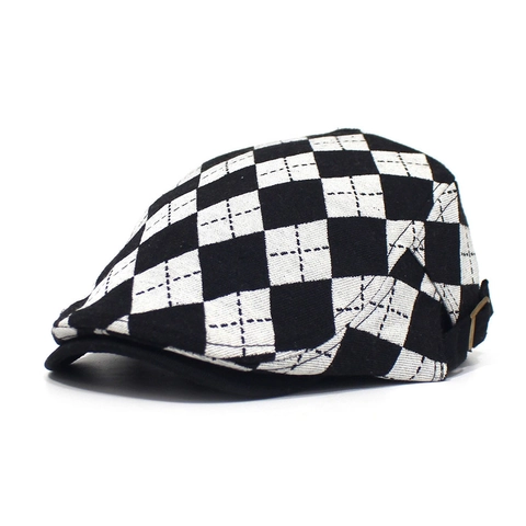 Vintage Argyle Checkered Flat Cap For Women Men British Retro Beret Hat Adjustable Metal Buckle Cotton Blend Newsboy Ivy Cap