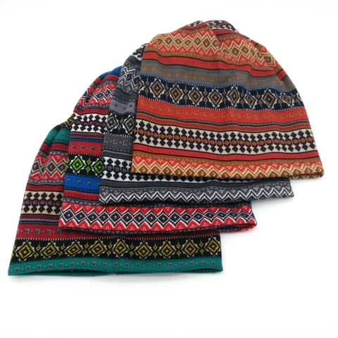 Bohemian Geometric Knitted Beanie For Men Women Vintage Ethnic Jacquard Pullover Hat Winter Outdoor Warm Pullover Cap