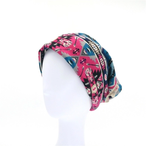 Women Retro Bohemian Multi-purpose Slouchy Beanie Hat Ethnic Geometric Pattern Knitted Turban Scarf Neck Warmer Headband