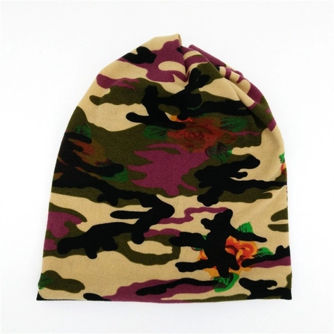 Bonnet Beanie Camouflage Floral Femme Multifonctionnel Automne Hiver Cache-cou Foulard Chapeau en Tricot