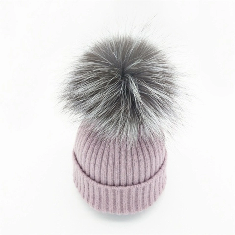 Berretto in Maglia Autunno Inverno da Donna Con Pompon in Pelliccia di Volpe Argentea Oversize in Cotone Poliestere Caldo
