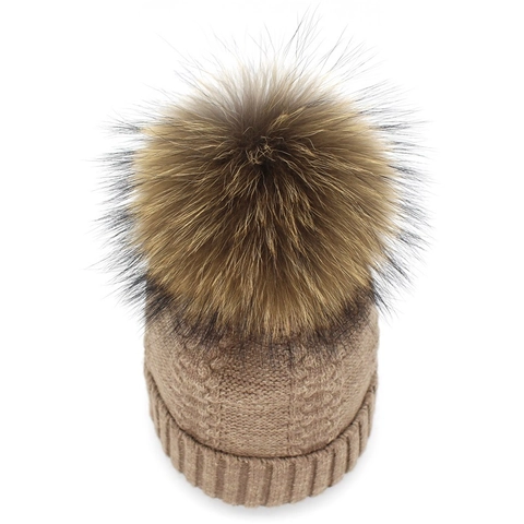Bonnet en Maille Torsadée pour Femme avec Grand Pompon en Fourrure Chaud Coton Polyester Bonnet de Ski pour Extérieur