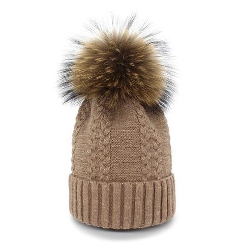 Bonnet en Maille Torsadée pour Femme avec Grand Pompon en Fourrure Chaud Coton Polyester Bonnet de Ski pour Extérieur