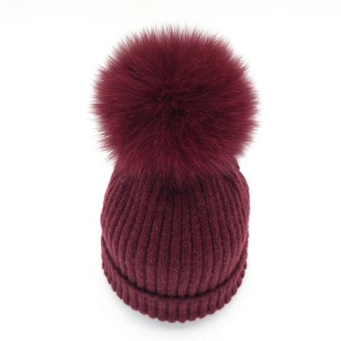 Women Winter Knit Beanie Hat With Large Faux Fur Pom Pom Warm Ribbed Slouchy Pullover Skull Cap Cotton Blend Outdoor Hat