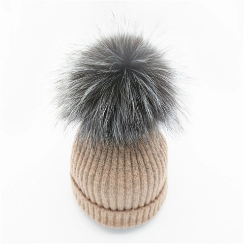 Berretto in Maglia Autunno Inverno da Donna Con Pompon in Pelliccia di Volpe Argentea Oversize in Cotone Poliestere Caldo