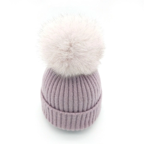 Women Winter Knit Beanie Hat With Large Faux Fur Pom Pom Warm Ribbed Slouchy Pullover Skull Cap Cotton Blend Outdoor Hat