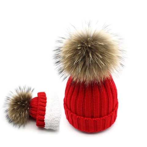 Knitted Beanie Hat With Large Faux Fur Pom Pom Fleece Lined Warm Winter Cuffed Knit Cap For Women Kids Parent-child