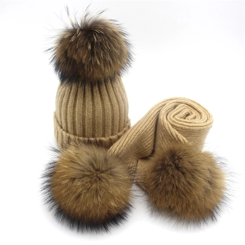 Eltern-Kind Winter Strickmütze Und Schal Mit Großem Bommel Warme Wolle Rippenstrick Mütze Langer Schal Für Erwachsene Kinder