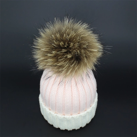Parent Child Winter Warm Ribbed Knit Beanie Hat For Women Kids Color Block Pom Pom Cold Weather Outdoor Skull Cap
