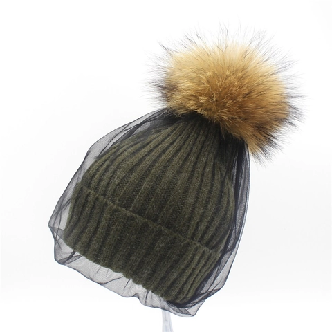 Women's Knitted Beanie Hat With Raccoon Fur Pom Pom And Elegant Mesh Veil Warm Winter Brushed Yarn Pullover Fashion Cap