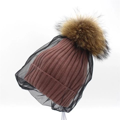 Women's Knitted Beanie Hat With Raccoon Fur Pom Pom And Elegant Mesh Veil Warm Winter Brushed Yarn Pullover Fashion Cap