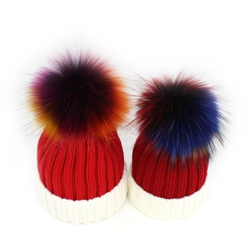 Colorful Pom Pom Ribbed Knit Beanie Hat For Women And Kids Winter Warm Soft Cotton Polyester Cuffed Skull Cap Parent Child Style