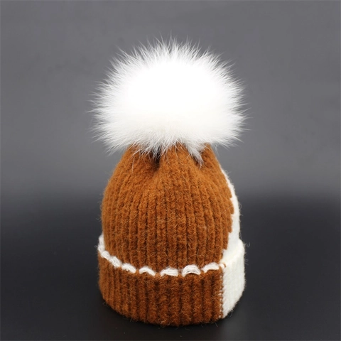 Berretto in Maglia Invernale Per Donna Bambini Genitore-Figlio Colore a Contrasto Cappello Caldo Con Pompon