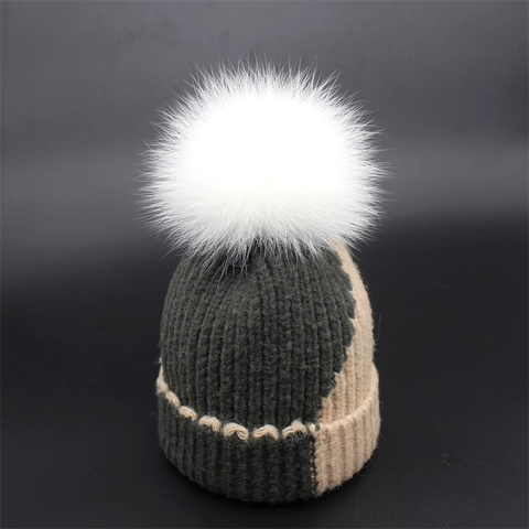 Berretto in Maglia Invernale Per Donna Bambini Genitore-Figlio Colore a Contrasto Cappello Caldo Con Pompon