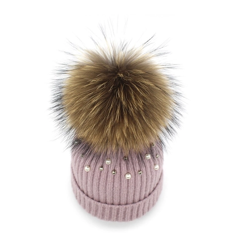 Women Winter Warm Knitted Beanie Hat With Large Faux Fur Pom Pom Artificial Pearl Embellished Ribbed Cuff Soft Cozy Thermal Skull Cap