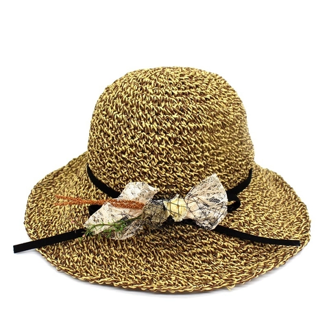 Chapeau de Soleil en Paille pour Femmes Avec Fleurs en Dentelle Ruban Nœud Élégant Large Bord Respirant Été Plage Tissé Voyage