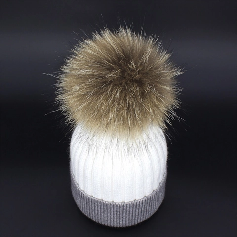 Women Winter Knit Beanie Hat With Large Fur Pom Pom Two Tone Ribbed Warm Cuffed Skull Cap For Outdoor Daily Fashion Wear