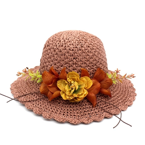 Women Summer Straw Sun Hat Large Wavy Brim Floral Decoration Beach Vacation Foldable Hand-Woven Wide Brim Straw Sunshade Hat