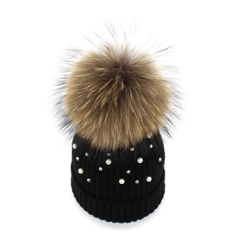 Women Winter Warm Knitted Beanie Hat With Large Faux Fur Pom Pom Artificial Pearl Embellished Ribbed Cuff Soft Cozy Thermal Skull Cap