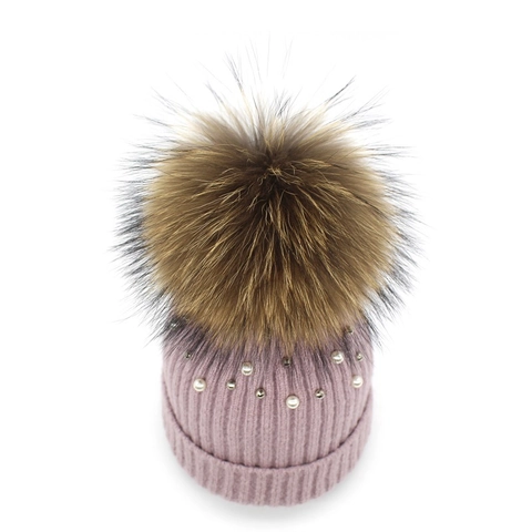 Women Winter Warm Knitted Beanie Hat With Large Faux Fur Pom Pom Artificial Pearl Embellished Ribbed Cuff Soft Cozy Thermal Skull Cap