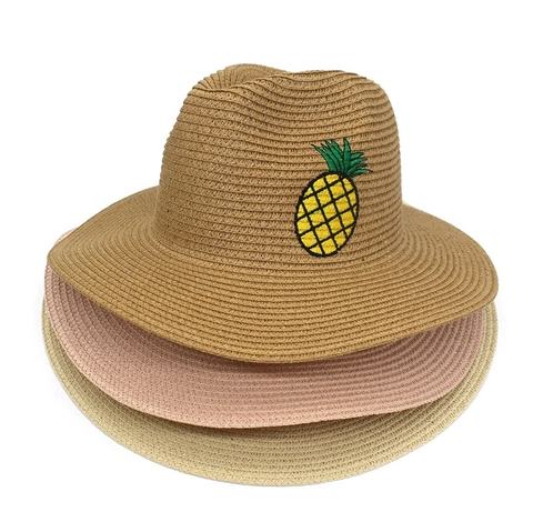 Summer Pineapple Embroidery Straw Hat For Women Casual Beach Sun Protection Fedora Wide Brim Vacation Outdoor Travel Sunshade Cap