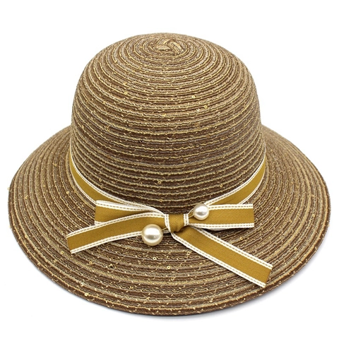 Cappello di Paglia da Donna alla Moda con Tesa Larga Lustrini Künstliche Perle Fiocco di Nastro Protezione Solare Elegante Cappello Estivo