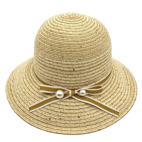 Cappello di Paglia da Donna alla Moda con Tesa Larga Lustrini Künstliche Perle Fiocco di Nastro Protezione Solare Elegante Cappello Estivo