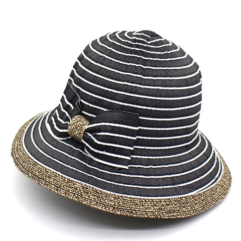 Cappello a Secchiello in Paglia Intrecciata da Donna Estivo a Righe Parasole Con Fiocco Tesa Larga Protezione Solare Viaggio Spiaggia