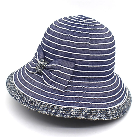 Cappello a Secchiello in Paglia Intrecciata da Donna Estivo a Righe Parasole Con Fiocco Tesa Larga Protezione Solare Viaggio Spiaggia