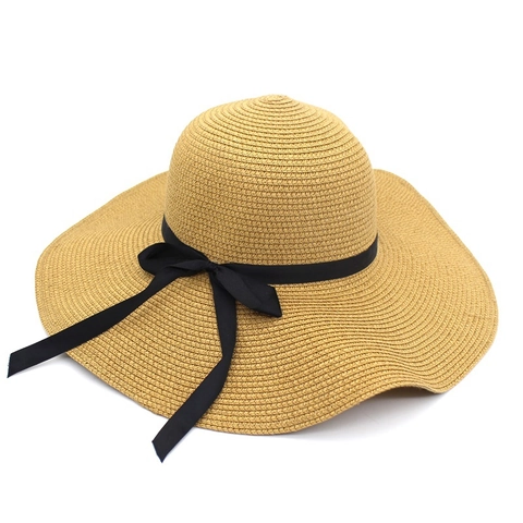 Women Wide Brim Straw Hat Elegant Bow Ribbon Foldable Sunshade Summer Beach Travel Straw Hat For Women