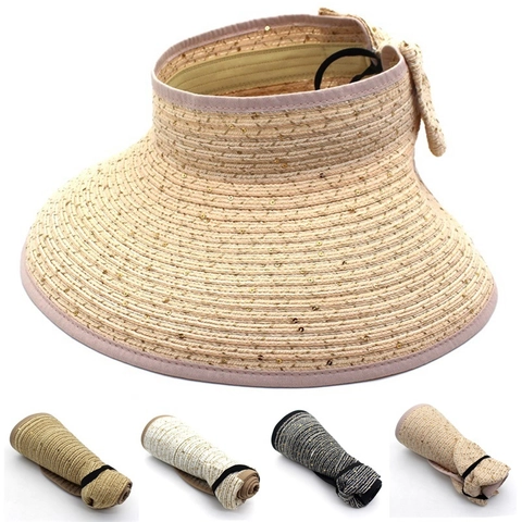 Women's Foldable Cotton Blend Straw Sun Hat With Sequins Empty Top Visor Large Brim Portable Summer Beach Cap Outdoor Travel