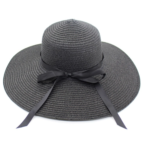 Women Wide Brim Straw Hat Elegant Bow Ribbon Foldable Sunshade Summer Beach Travel Straw Hat For Women
