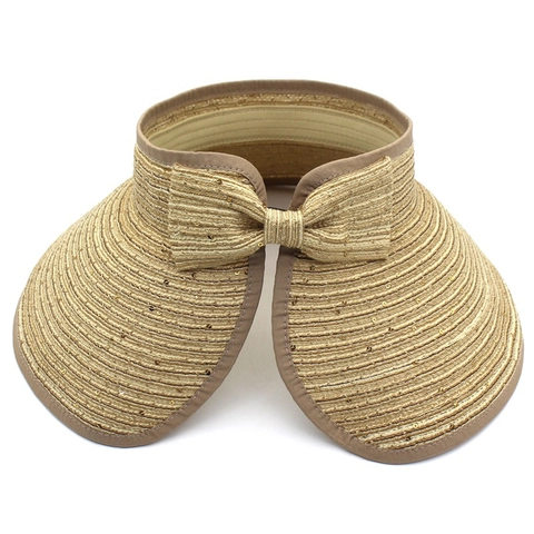 Women's Foldable Cotton Blend Straw Sun Hat With Sequins Empty Top Visor Large Brim Portable Summer Beach Cap Outdoor Travel